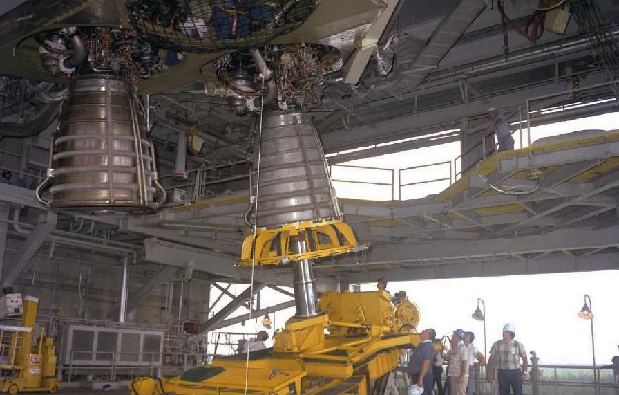 F-1 rocket engine G4049 engine vertical installer converted for Space Shuttle Main Engine (SSME) use