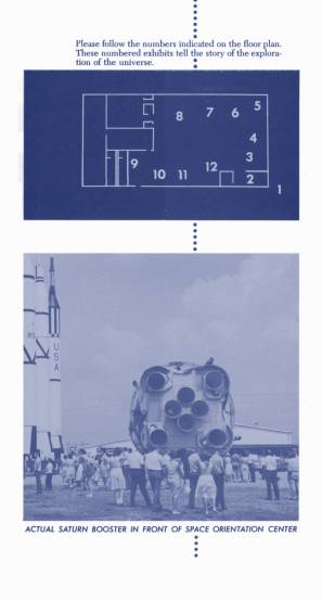 Marshall Space Flight Center MSFC Space Orientation Center booklet
	  page showing exhibits and rocket garden with Saturn I Block I