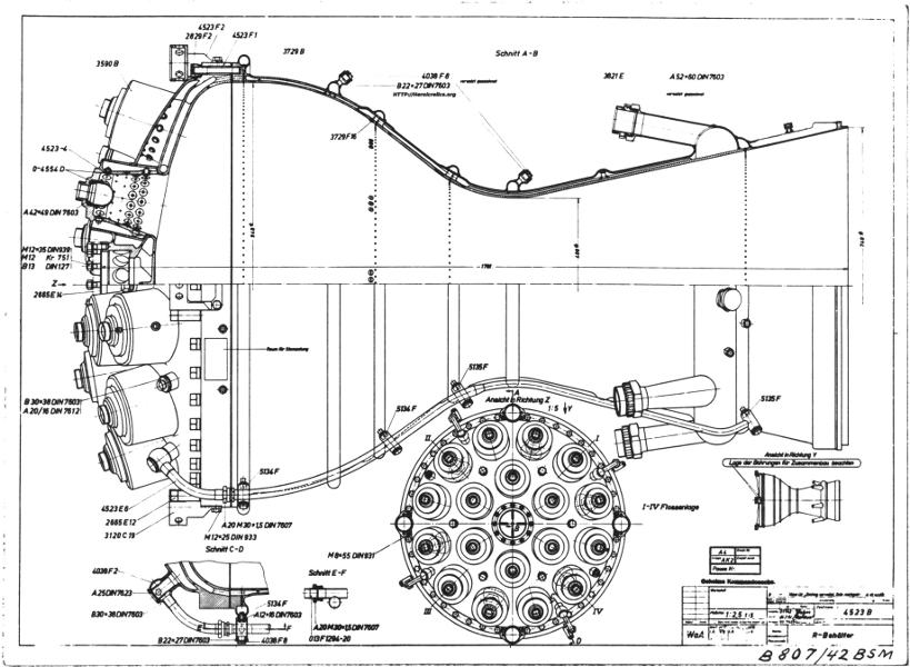 V-2 missile A-4 rocket engine combustion chamber cutaway drawing number 4523b
