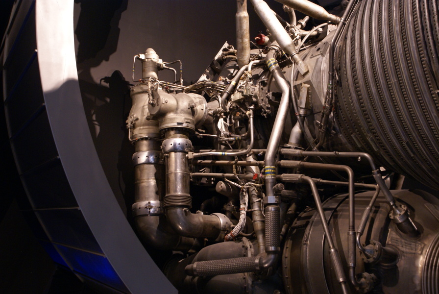 F-1 engine F-1001 at National Air and Space Museum NASM showing
	flexible internally tied high-pressure ducts
