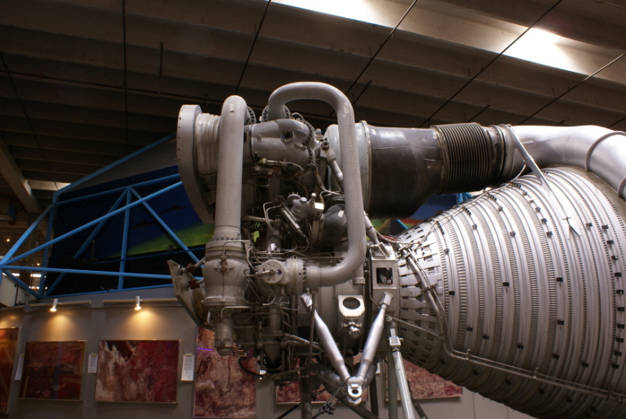 F-1 engine F-107-1 at Omniplex Science Museum Oklahoma showing rigid
	high-pressure ducts