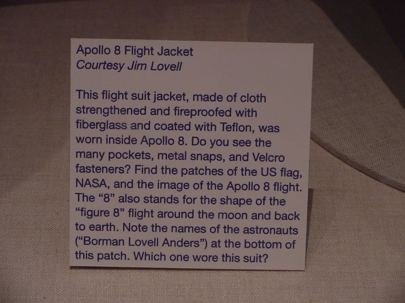 The sign accompanying Lovell's Apollo 8 Inflight Coverall Garment (ICG) at Adler Planetarium