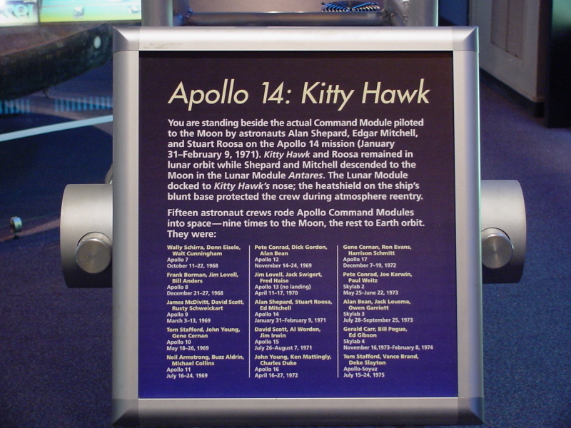 Sign by Apollo 14 command module at Astronaut Hall of Fame