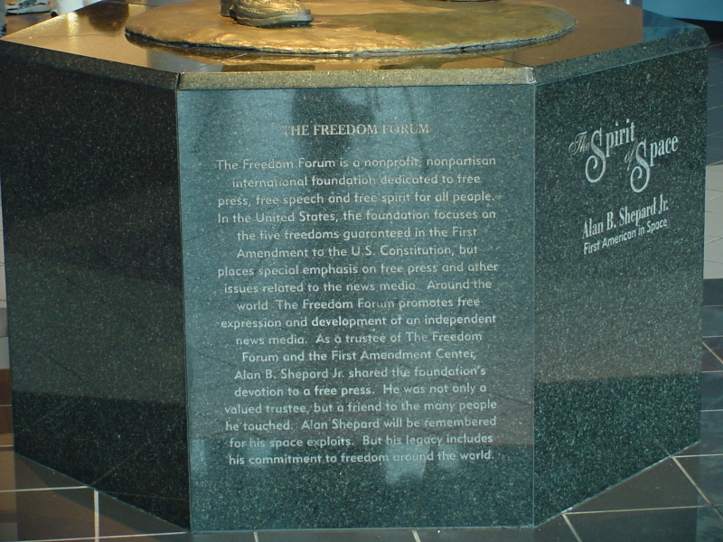 Inscription on base of Spirit of Space/Alan Shepard statue in Astronaut Hall of Fame lobby