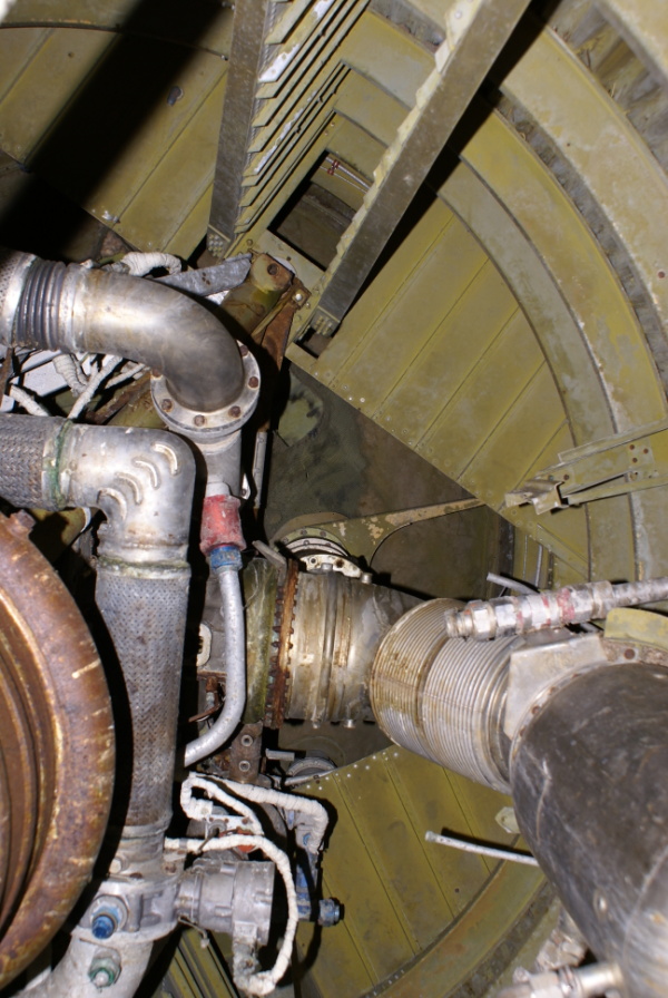 S-3D rocket engine, including LOX high-pressure duct, fuel high-pressure duct, turbine, and heat exchanger in Jupiter Tail Unit Interior at Air Power Park