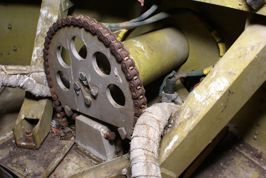 Air rudder/jet vane actuator, gear, and chain in interior of Redstone Tail Unit at Air Zoo