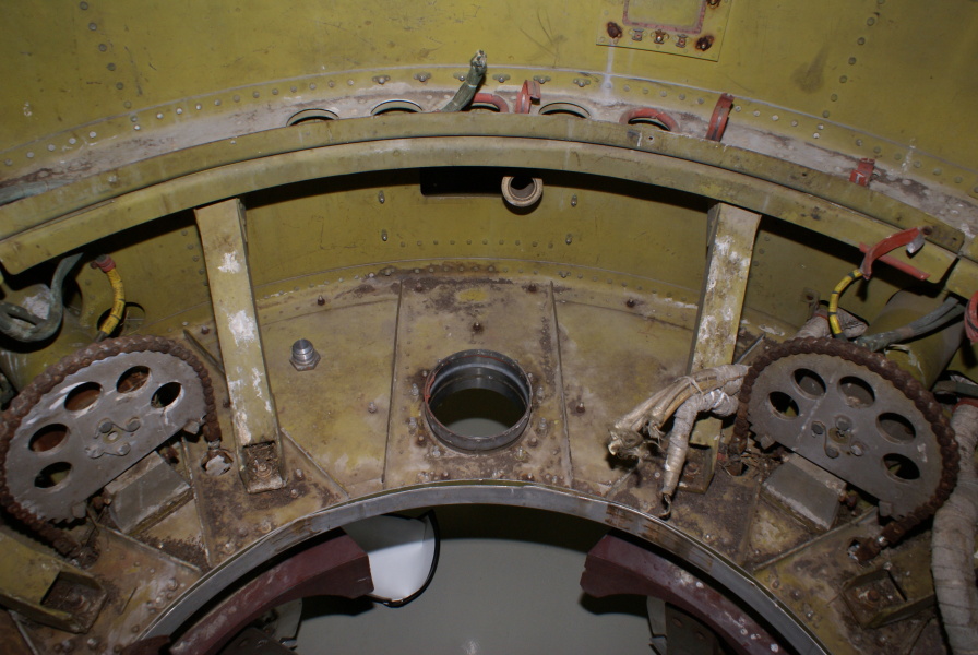 Interior of Redstone Tail Unit, including multiple pneumatic coupling balcony fittings, air rudder/jet vane actuators, electrical connection box, hydrogen peroxide overflow and vent port, steam vent, and LOX replenish coupling at Air Zoo