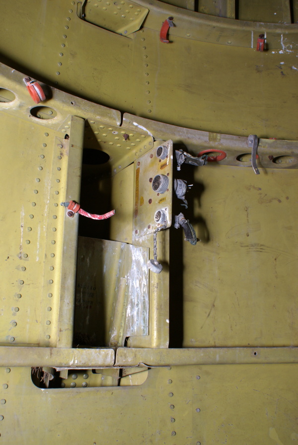 Electrical connectors on fin interface on interior of Redstone Tail Unit at Air Zoo