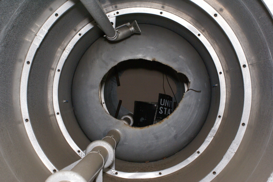 LOX vent line and conduit on interior of propellant tanks on interior of Redstone Center Unit at Air Zoo