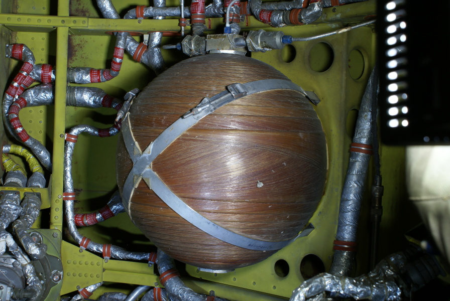 Air bearing high-pressure air supply sphere in interior of Redstone Aft Unit skirt section at Air Zoo