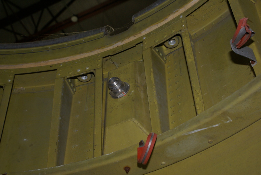 Hydrogen peroxide (h2o2) fill/drain valve and connecting brackets on Redstone Tail Unit interior at Air Zoo