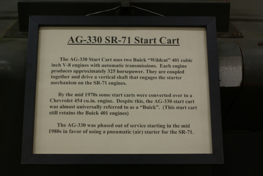 Sign on the SR-71 AG-330 Start Cart at the Air Zoo.