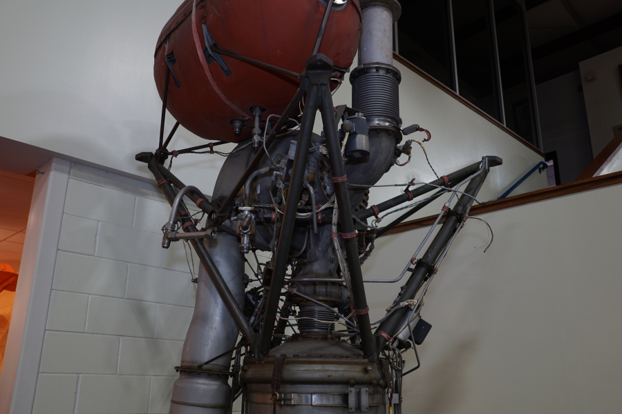 Forward end of the A-7 Engine ("As Removed") at the Air Zoo, including the turbopumps and engine mount struts