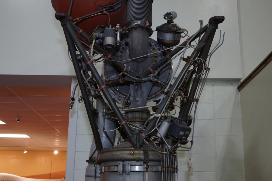Forward end of the A-7 Engine ("As Removed") at the Air Zoo, including the turbopumps and engine mount struts