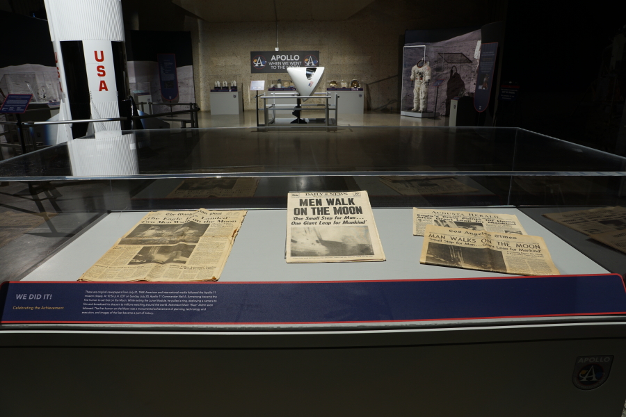 Moon landing newspaper display in the Apollo:  When We Went to the Moon exhibit