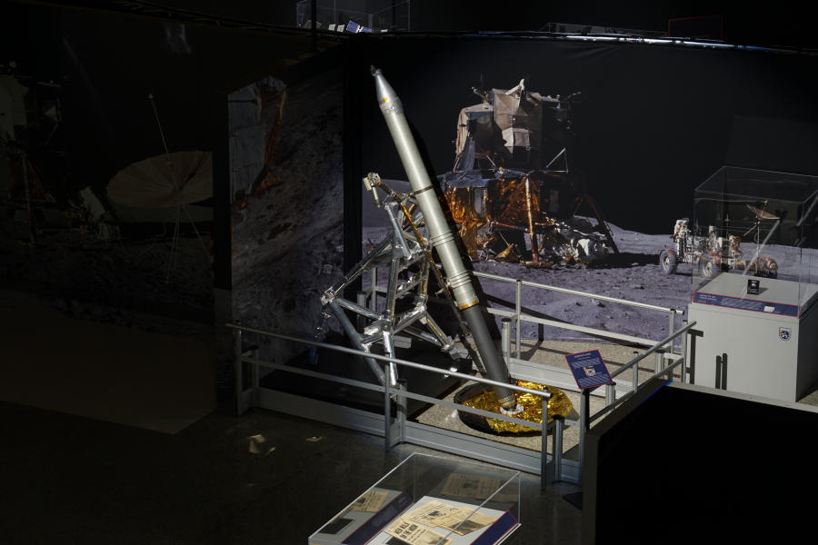 Lunar module (LM) landing gear strut and lunar surface sensing probe in the Apollo:  When We Went to the Moon exhibit
