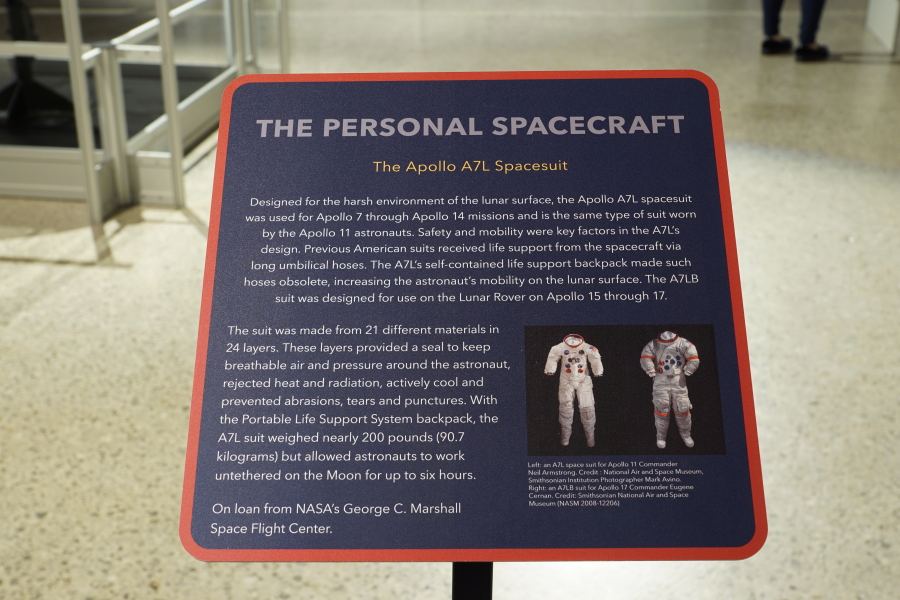 Sign accompanying Apollo A7L Space Suit at Apollo:  When We Went to the Moon