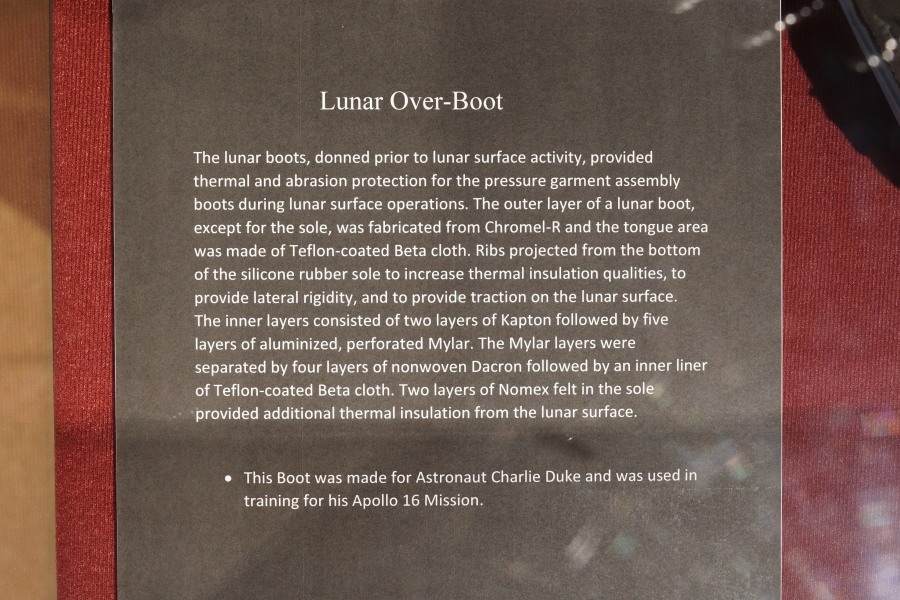 Sign accompanying Apollo A7LB Suit Lunar Overboot at Celebrating Apollo