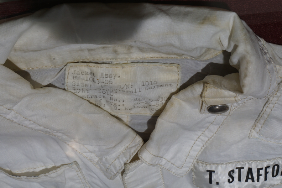 Manufacturer's tag on Stafford's Apollo 10 Inflight Coverall Garment at Celebrating Apollo