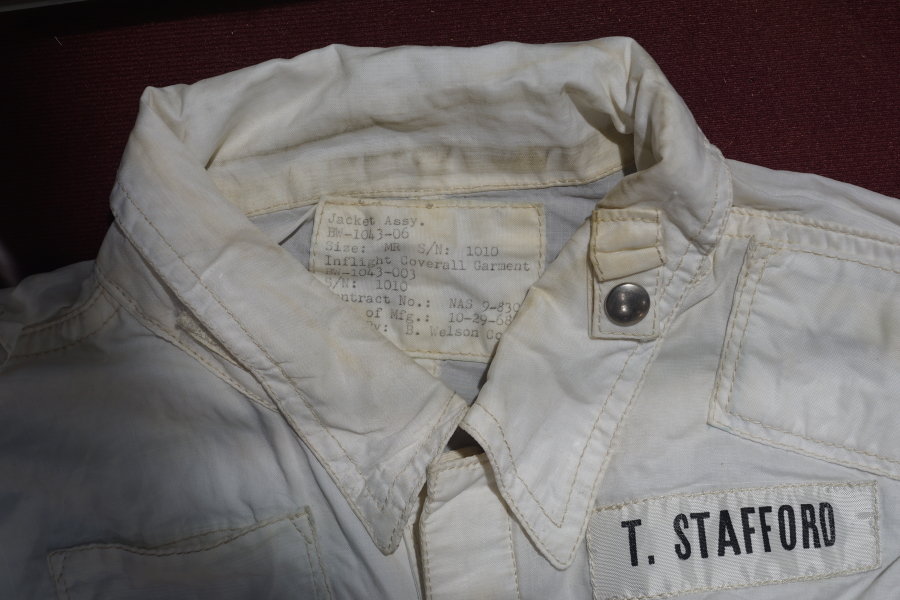 Manufacturer's tag and T. Stafford name tag on Stafford's Apollo 10 Inflight Coverall Garment at Celebrating Apollo