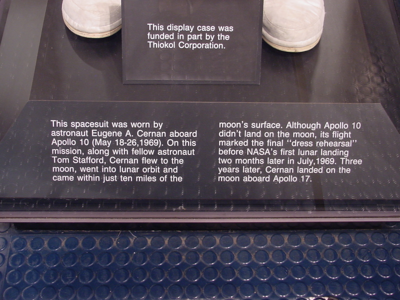 Sign accompanying Cernan's Apollo 10 Suit at Cernan Center