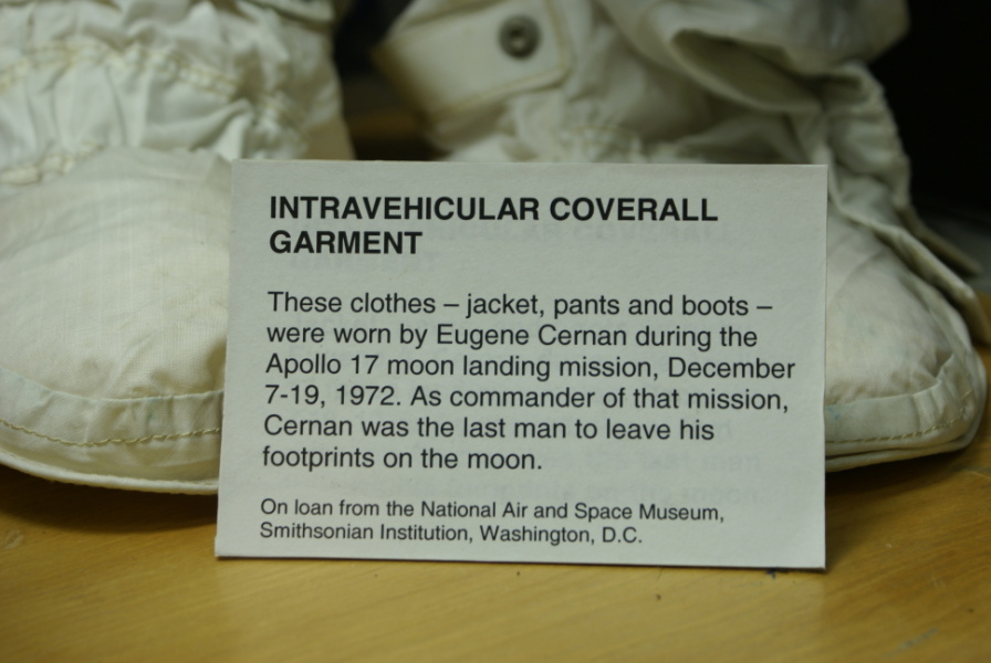 Sign accompanying Cernan's Apollo 17 Inflight Coverall Garment (ICG) at Cernan Center