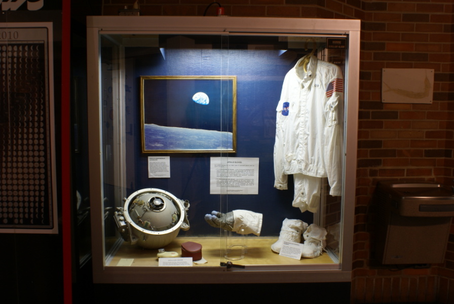 Display case containing Cernan's Apollo 17 Inflight Coverall Garment (ICG) at Cernan Center