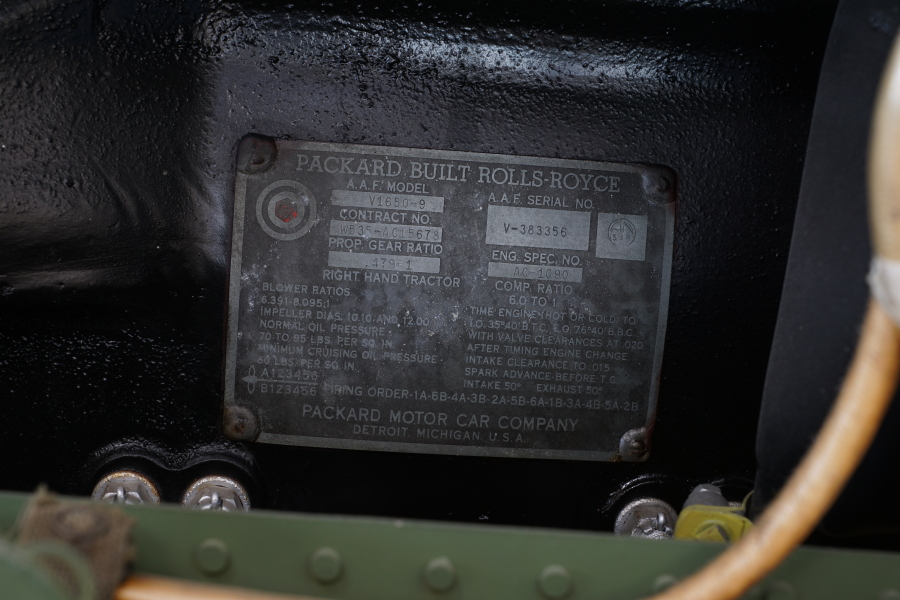 ID plate on P-51H Packard-built Rolls Royce Merlin V1650-9 engine at Chanute Air Museum