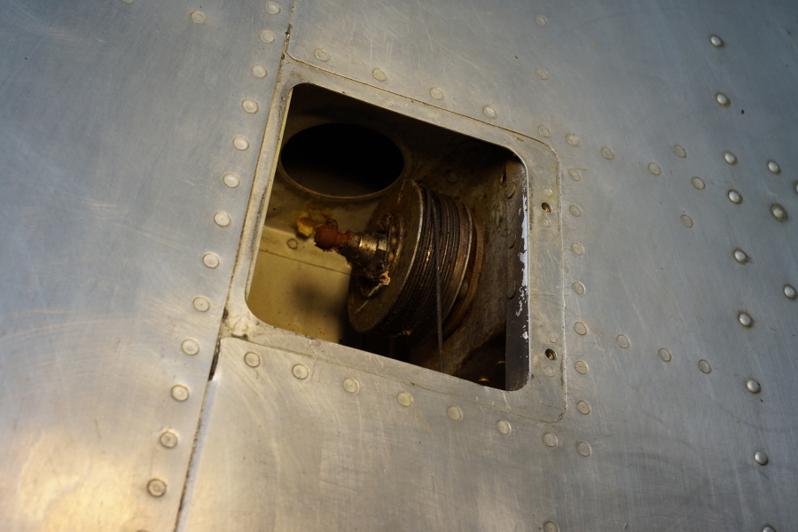 Control cables and pulleys in B-25 horizontal and vertical stabilizers at Chanute Air Museum