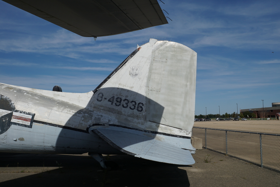 Tail of C-47 at Chanute Air Museum, showing serial number of 3-49336