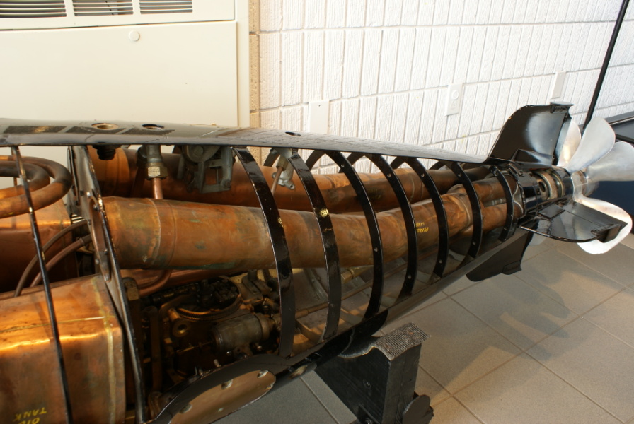Turbine exhaust lines/ducts on Cutaway Mark 23 Torpedo Afterbody at Wisconsin Maritime Museum
