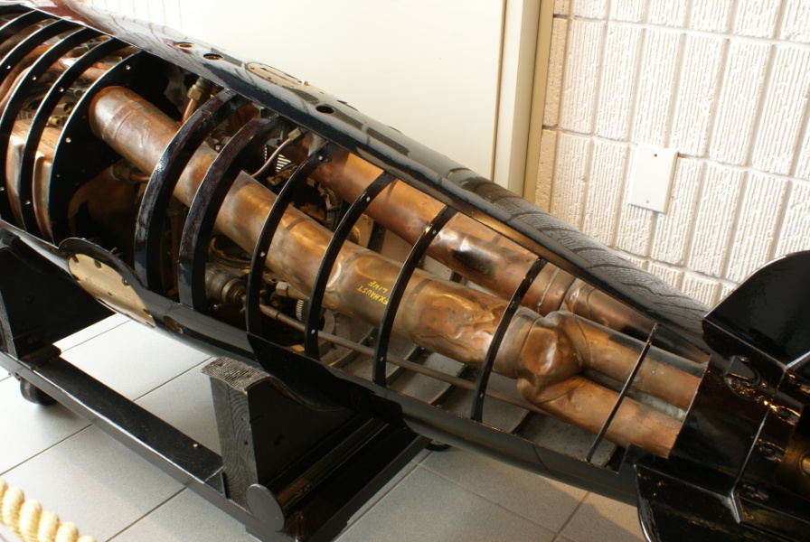 Turbine exhaust lines/ducts on Cutaway Mark 23 Torpedo Afterbody at Wisconsin Maritime Museum