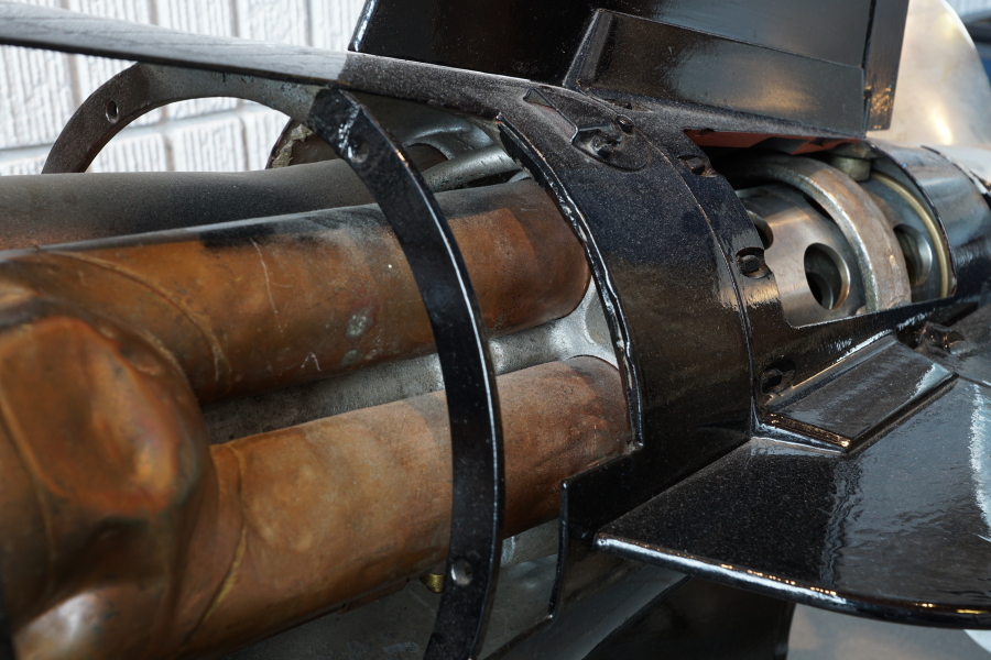 Turbine exhaust tubes entering tail section bulkhead of Cutaway Mark 23 Torpedo Afterbody at Wisconsin Maritime Museum
