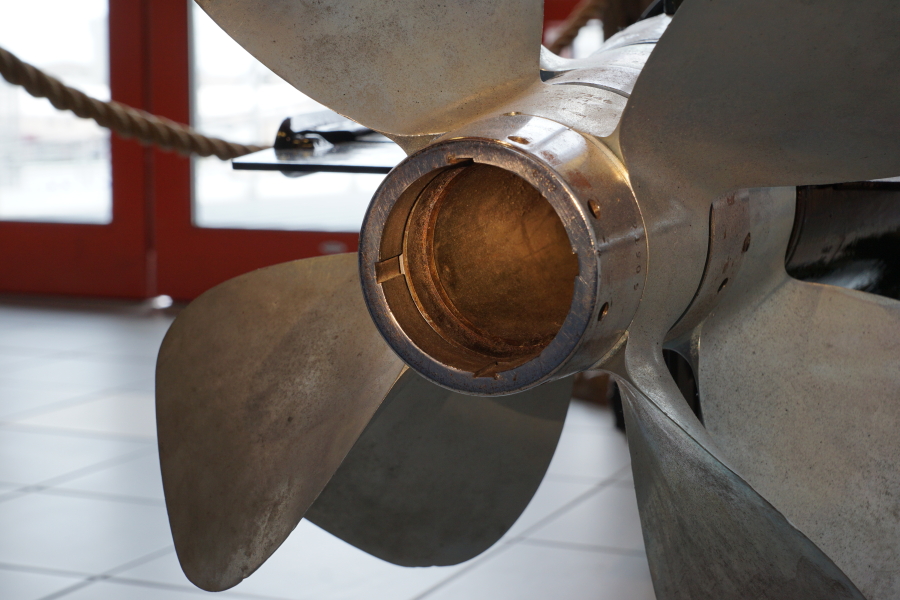 Detail of center hub of after propeller where turbine gases are expelled on Cutaway Mark 23 Torpedo Afterbody at Wisconsin Maritime Museum
