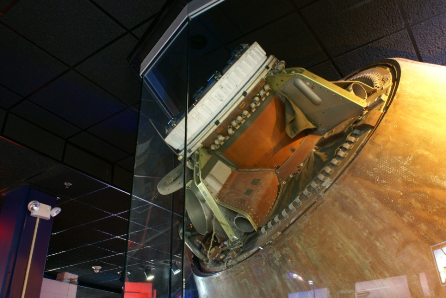 Forward deck, docking tunnel, and Earth Landing System on Apollo 13 command module at Kansas Cosmosphere.