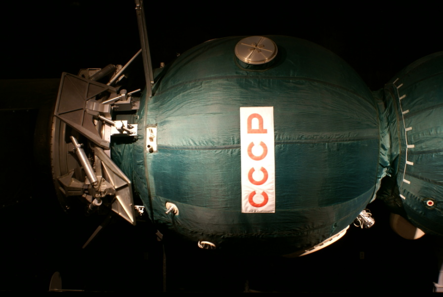 Soyuz spacecraft in Apollo Soyuz Test Project Display display at Kansas Cosmosphere