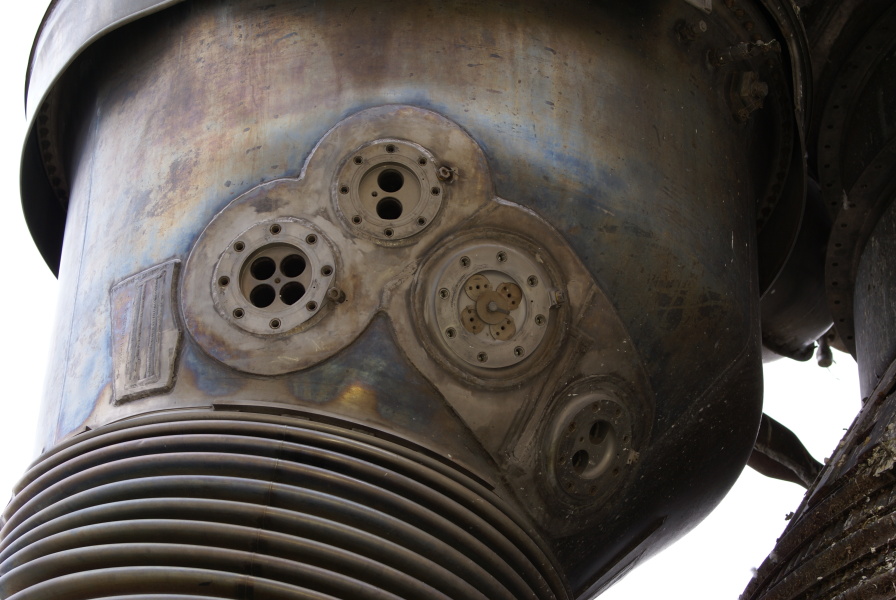 Inlet/outlet port on heat exchanger on F-1 Engine at Kansas Cosmosphere
