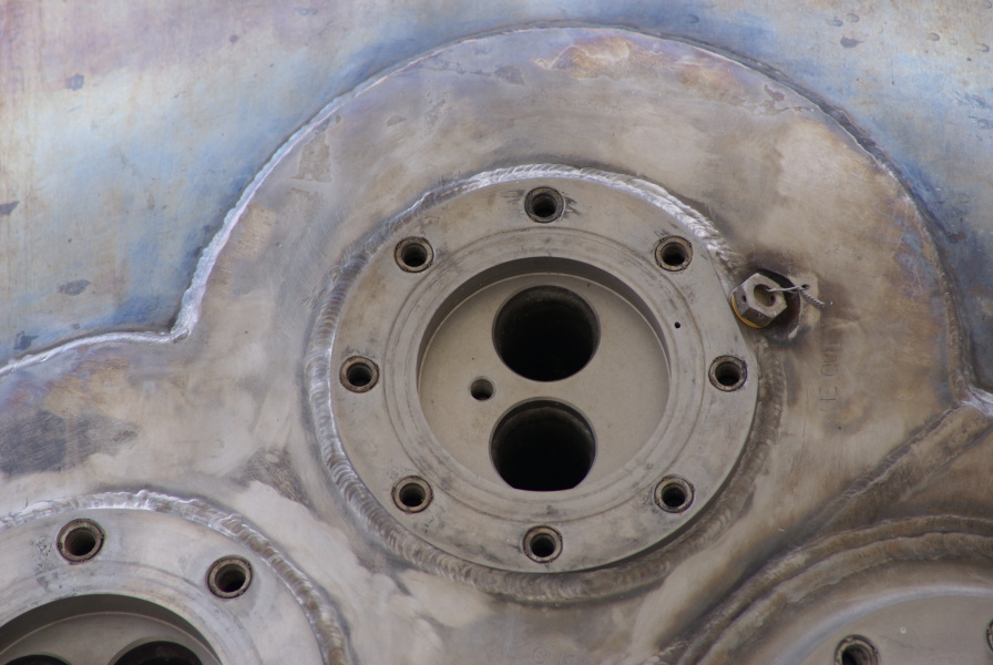 Helium (HE) outlet port on heat exchanger on F-1 Engine at Kansas Cosmosphere