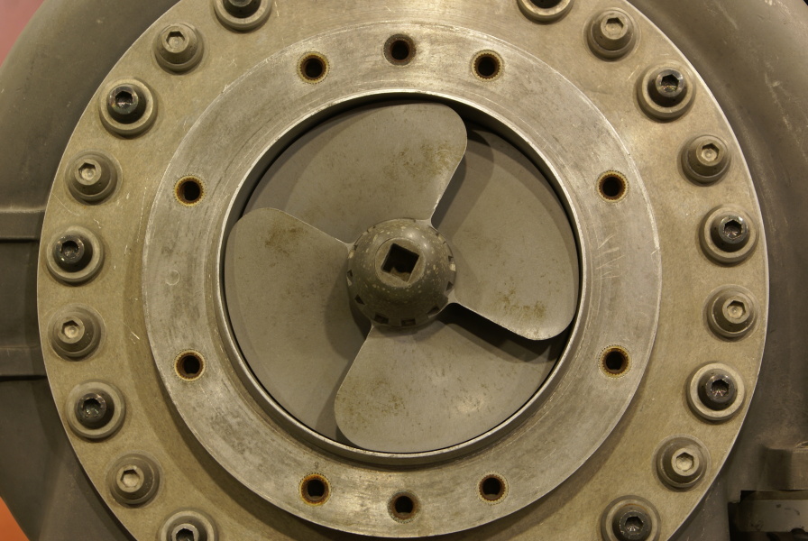 Inducer impeller on LOX turbopump on Cut-Away H-1 Engine at Kansas Cosmosphere