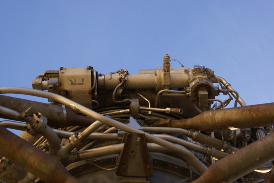 Hypergol cartridge/manifold on F-1 Engine at Kansas Cosmosphere