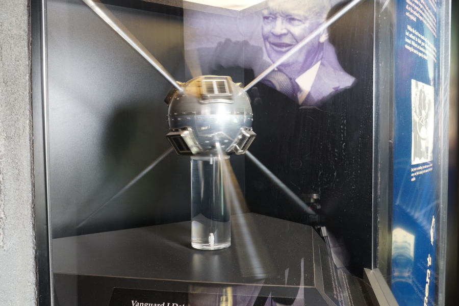 Vanguard 1 model in First Satellites exhibit at Kansas Cosmosphere