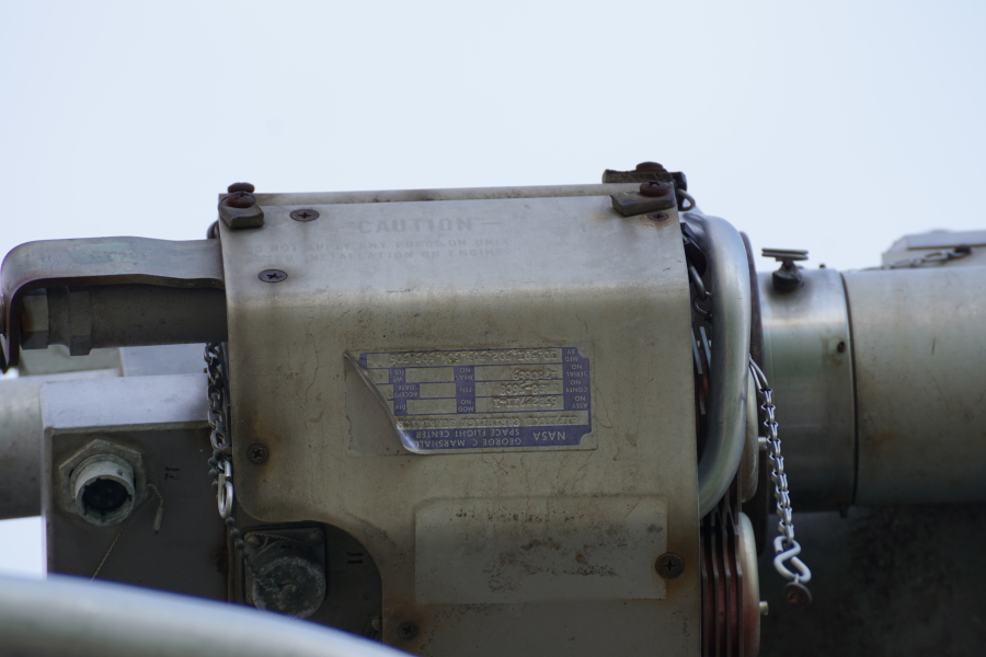 ID plate on the hypergol cartridge/manifold on F-1 Engine at Kansas Cosmosphere