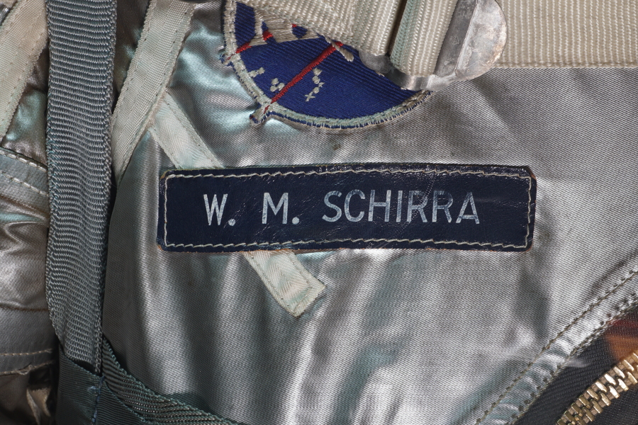 W.M. Schirra name tag on Schirra Project Mercury Sigma 7 Training Suit at Kansas Cosmosphere