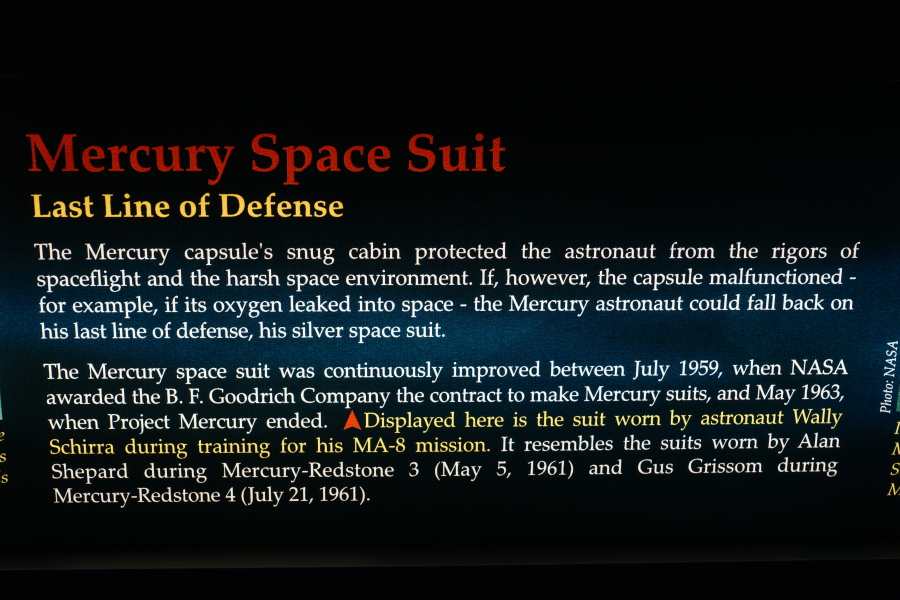 Sign accompanying Schirra Project Mercury Sigma 7 Training Suit at Kansas Cosmosphere