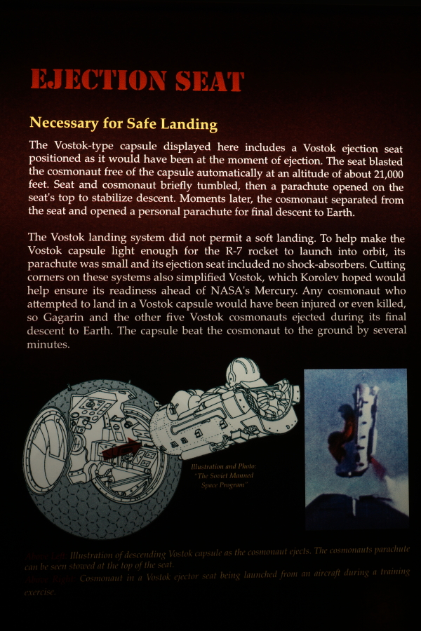 Sign accompanying Vostok ejection seat at Kansas Cosmosphere