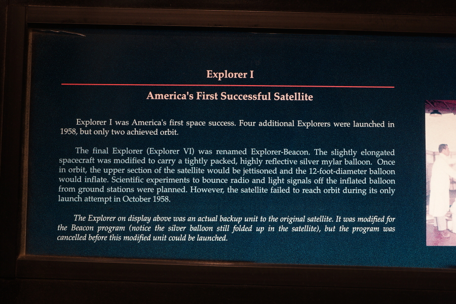 Explorer I model in First Satellites exhibit at Kansas Cosmosphere