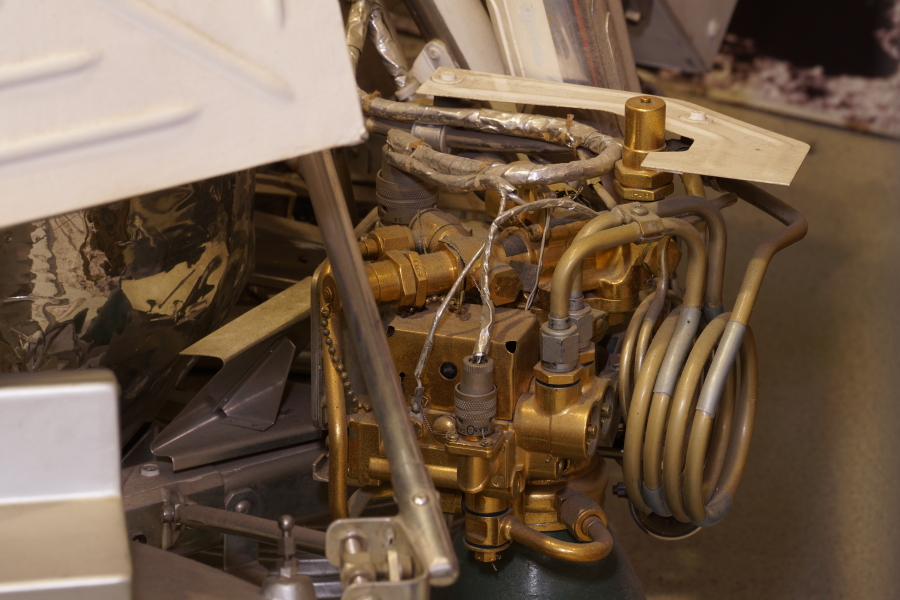 Control valves and coiled propellant supply lines on TD-339 vernier engine #1 on Surveyor Engineering Model at Kansas Cosmosphere