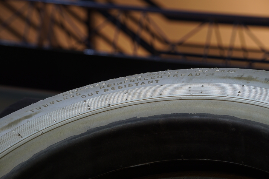 Detail of SR-71 tire tubeless reinforced tread cut resistant at Kansas Cosmosphere