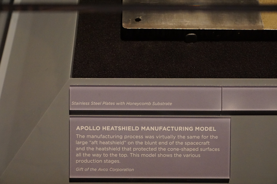 Sign accompanying Apollo Heat Shield Manufacturing Model stainless steel plates with honeycomb substrate at Destination Moon