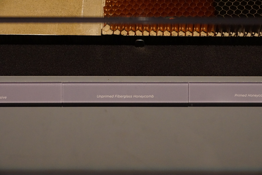 Sign accompanying Apollo Heat Shield Manufacturing Model unprimed fiberglass honeycomb at Destination Moon